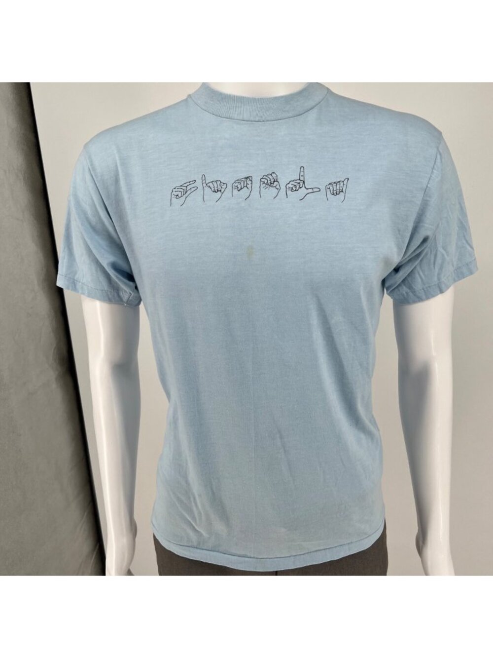 Vintage 1980s Hanes Light Blue Cotton/Poly ASL "Gisela" T-Shirt (Large)